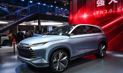 A BYD EA1 Xdream car is seen during the 19th Shanghai International Automobile Industry Exhibition in Shanghai on April 19, 2021. (Photo by Hector RETAMAL / AFP)